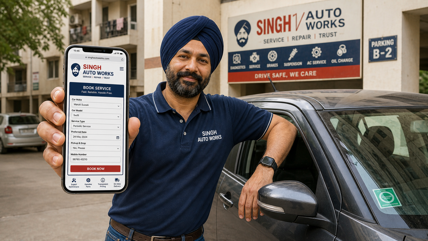 Singh Auto Works booking app — Sikh owner Gurpreet Singh in branded Singh Auto Works polo shirt holding mobile phone showing Book Service form with Make+Model picker, slot picker, pickup-drop toggle, mobile number field; SINGH AUTO WORKS painted signage with parking-lot sign B-2 visible behind