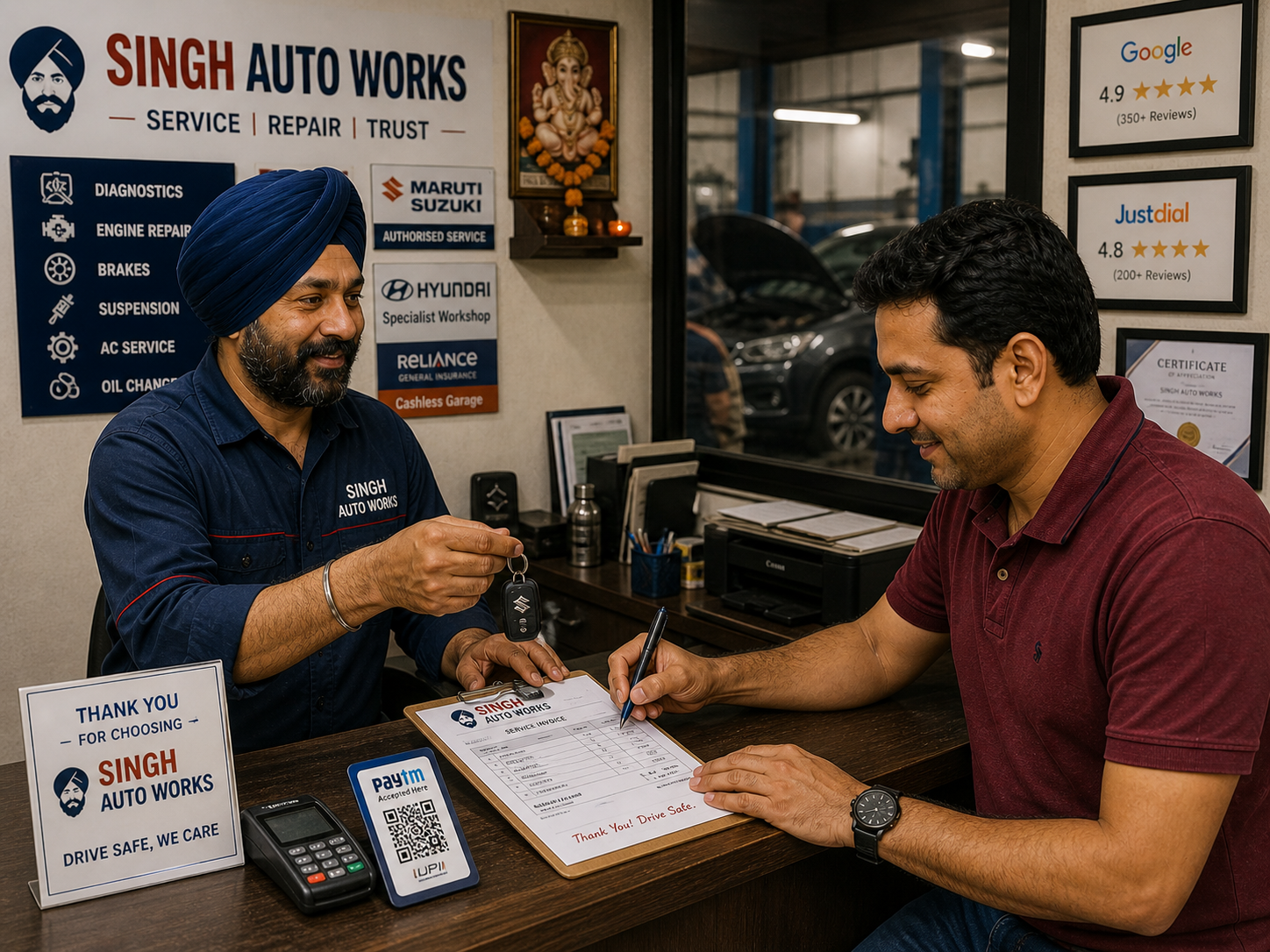 Singh Auto Works key handover and receipt — Gurpreet Singh in Singh Auto Works branded polo handing car keys (with Maruti keychain) across the desk to a customer signing the printed Singh Auto Works service-receipt; behind the desk wall has Authorised Service Centre stickers for Maruti Suzuki, Hyundai, Reliance Cashless and a Google 4.9 star + JustDial 4.8 star ratings panel; Paytm QR code reader on counter
