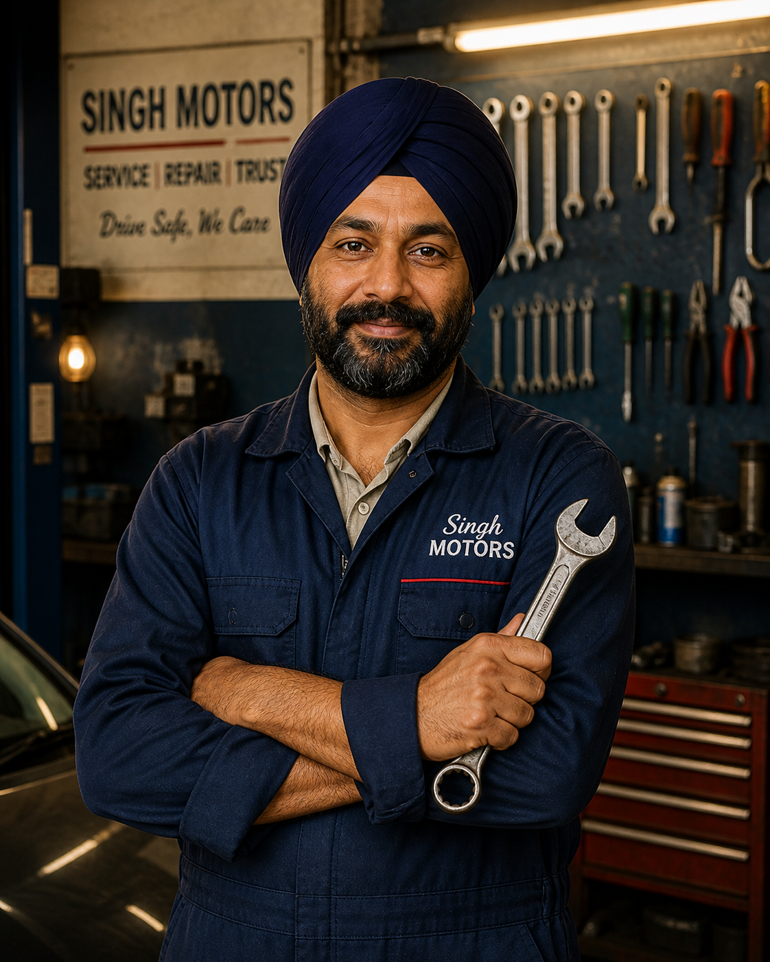 Founder portrait — Gurpreet Singh, owner-mechanic of Singh Auto Works, in clean navy mechanic overall with Singh Motors patch on chest, blue Sikh turban, light beard, holding a chrome combination spanner against his chest, half-smile, with a wall of organised hand-tools blurred behind