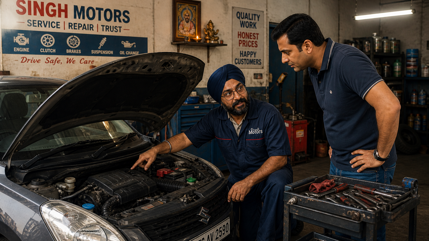 Singh Auto Works Faridabad — owner Gurpreet Singh in navy mechanic overalls and blue turban kneeling beside a Maruti Swift's open hood, talking through diagnostics with the customer; SINGH MOTORS painted signage SERVICE | REPAIR | TRUST visible in background, Ganesh idol on shelf, brass framed Guru Nanak portrait