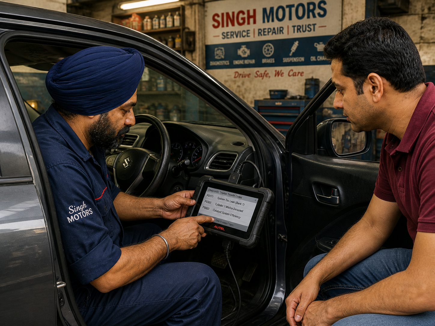 Singh Auto Works OBD-II diagnostic scanner — Sikh mechanic in navy overalls plugging Bosch KTS scanner into Maruti Swift's diagnostic port, scanner screen shows engine fault codes, customer leaning into the open driver-side door watching the readout