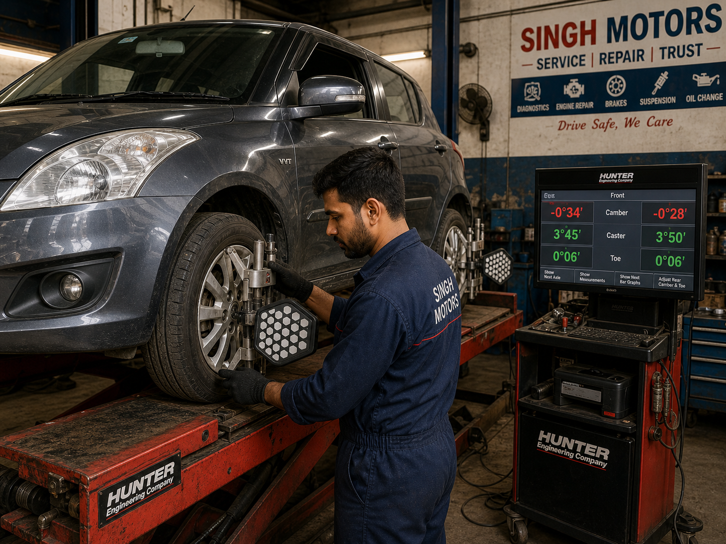 Singh Auto Works 4-wheel alignment service — Maruti Swift on Hunter PA130 alignment platform, technician adjusting front-wheel sensor head, Hunter alignment monitor on rolling cart shows live camber/caster/toe readings, SINGH MOTORS service-categories panel on workshop wall