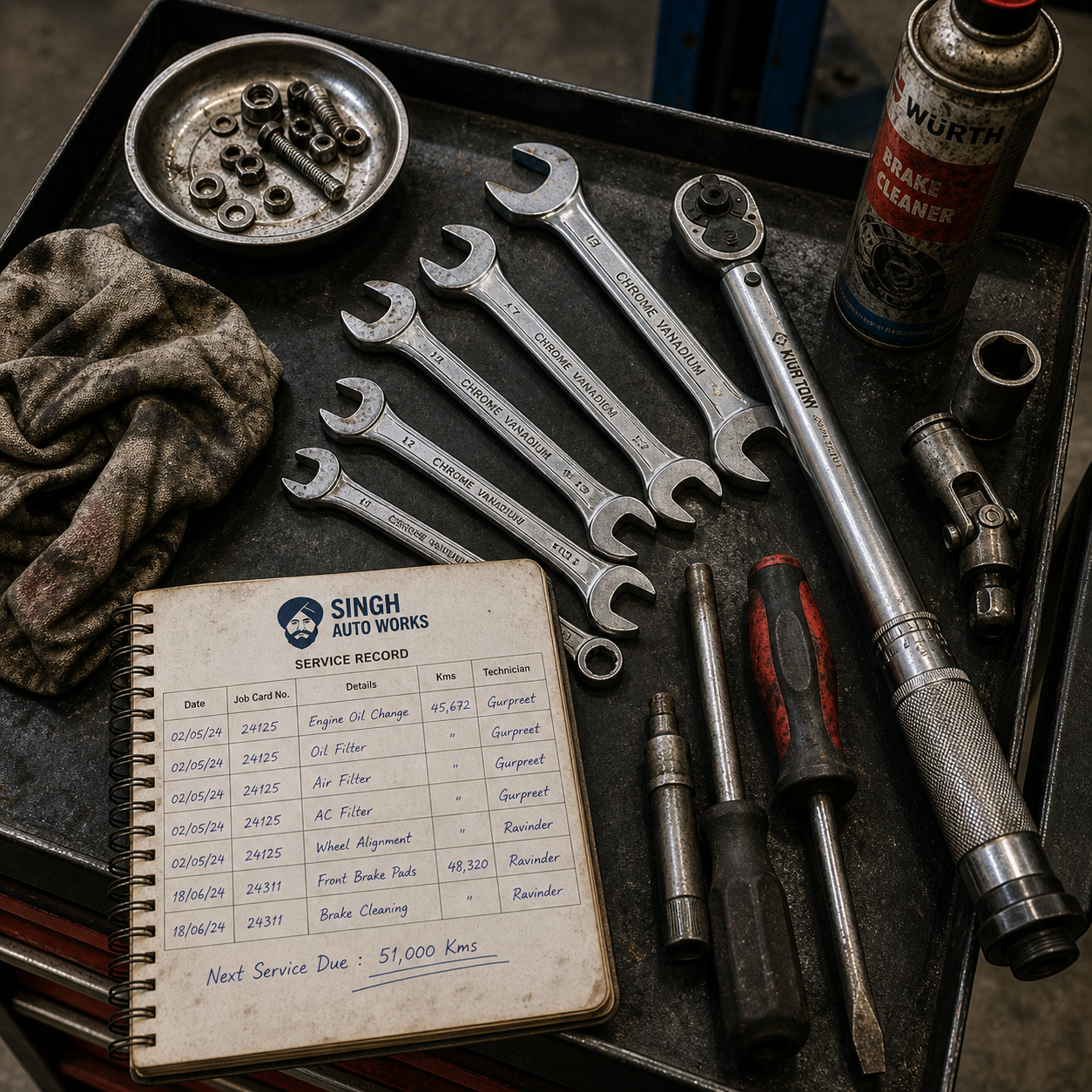 Singh Auto Works toolkit and service-record book — top-down on a steel rolling cart, chrome combination spanners labelled CHROME-VANADIUM, torque wrench, screwdrivers, oil-streaked rag, magnetic parts tray, and a spiral-bound Service Record notebook with handwritten Singh Auto Works logo header showing job-card entries Engine Oil Change / Air Filter / Wheel Alignment / Brake Pads with technician initials Gurpreet and Ravinder